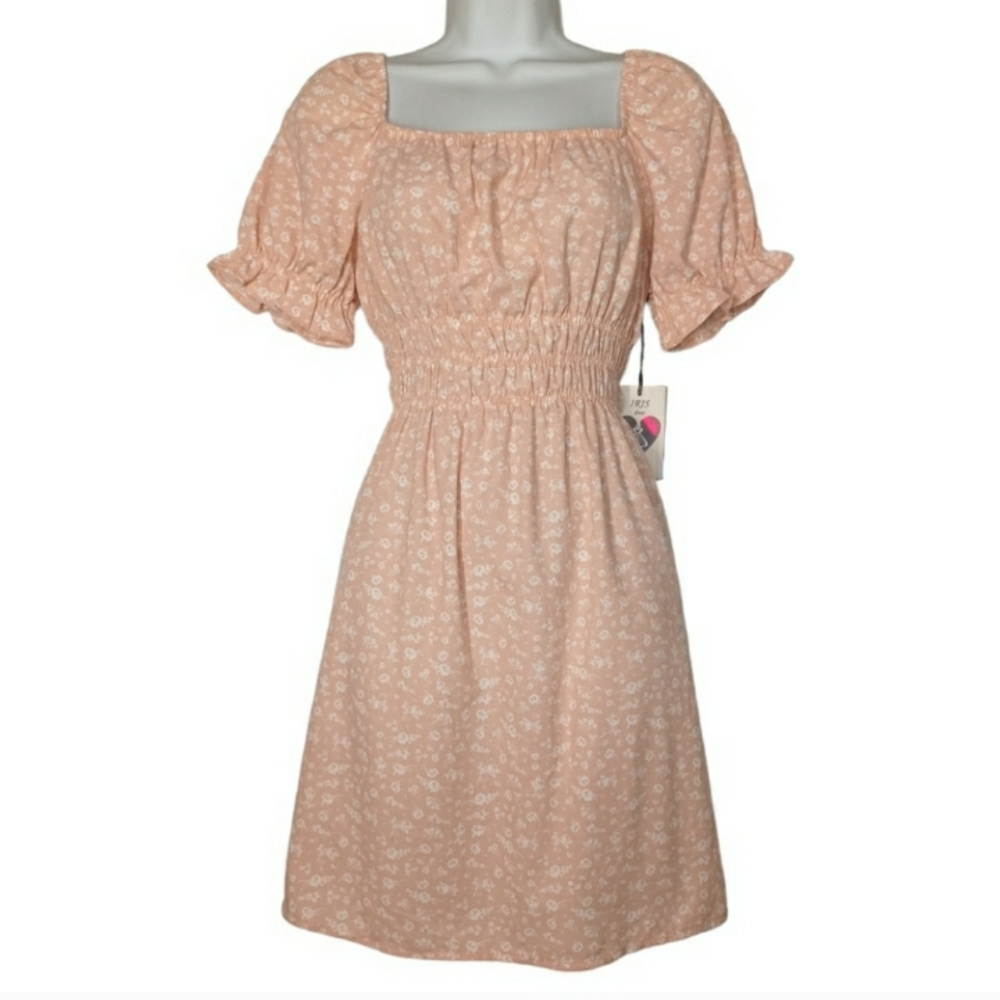 IRIS Light Dusty Pink White Floral Print Puff Short Sleeve Smocked Dress M NWT